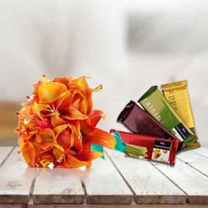 Lily With Chocolate (5 Orange Lilies with 5 Cadbury Bars)