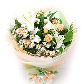 Bouquet of Champagne Roses & Casa Lilies with fillers