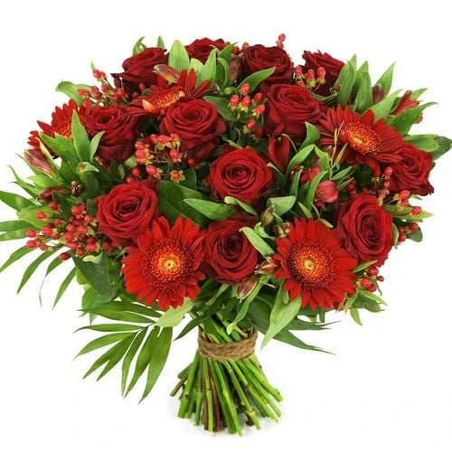 Red roses and flowers (Mixed bouquet of medium red roses and red flowers)