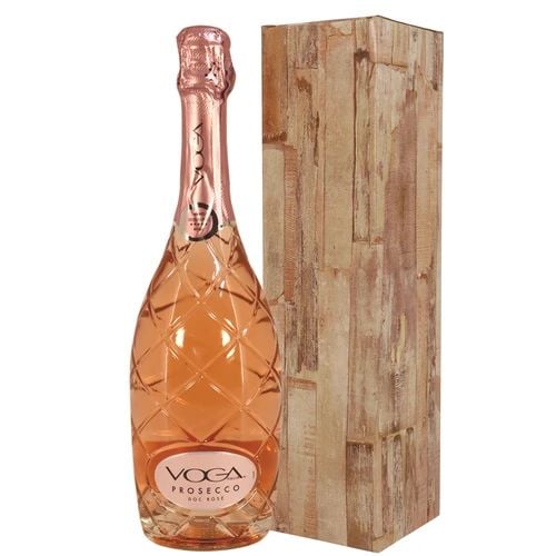 Voga Prosecco Rose in a luxury diamond-cut bottle (Voga Italia Prosecco Spumante Rose in a luxury diamond-patterned bottle in a luxury wood grain gift box.)