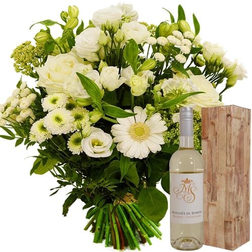Lively white bouquet + bottle of white wine (Bouquet Springerig medium white value + Bottle of Spanish white wine Marques)