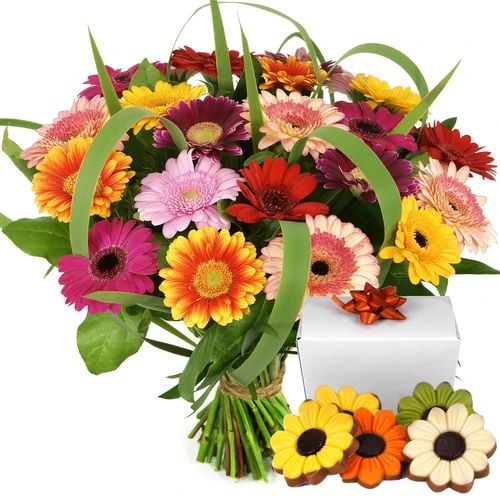 Mixed Gerbera bouquet + chocolate flowers (Small bouquet of gerberas value + box of 140 grams of flower-shaped chocolates)