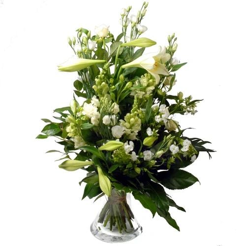 White funeral bouquet incl. glass vase (White funeral bouquet approx 55 cm + glass vase)