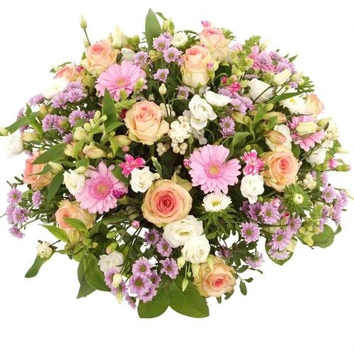 Round funeral arrangement Pastel pink white tones (Biedermeier funeral arrangement pastel pink and white with pink roses among others approx 50 cm)