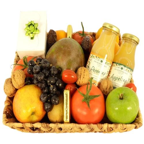 Fruit basket getting better Richly filled 30cm (Richly filled fruit basket for getting better with 2 bottles of Olmenhorst juices and chocolate flowers.)