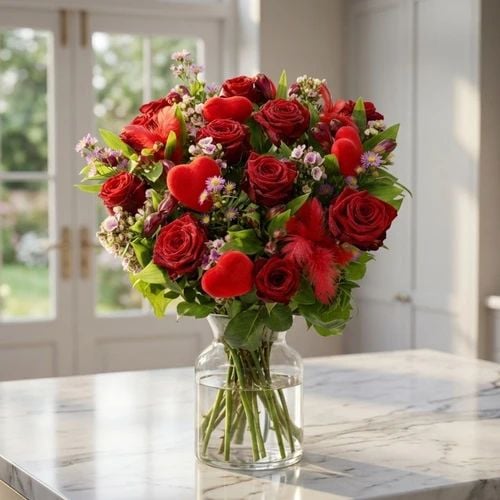Order a bouquet of red roses with hearts (Bouquet of 7 red roses with a touch of pink + hearts and feathers)