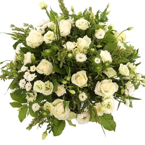 Funeral arrangement around white roses and flowers (White Biedermeier funeral arrangement with white roses among others approx 45cm diameter)