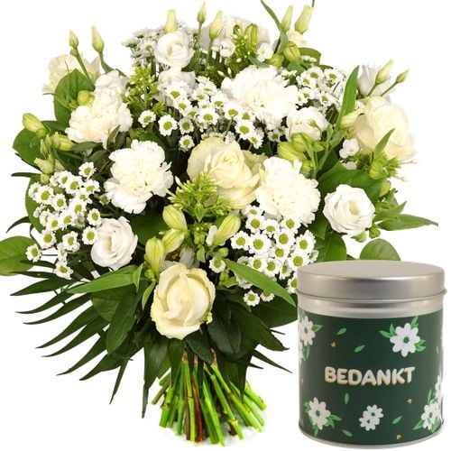 Thank you white bouquet + candy tin thank you (Box white medium + discount price)