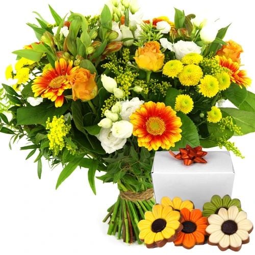 Cheerful bouquet + flowers chocolate (Medium yellow - orange - white bouquet + bonbon box 140 grams of chocolate flowers)