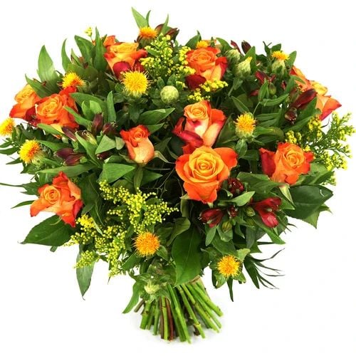Orange roses and flowers (Bouquet of medium orange roses and orange red flowers)