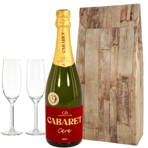 Cabaret Cava + 2 glazed champagne (Cabaret Cava Brut + 2 champagne glasses packed in a luxury gift box)