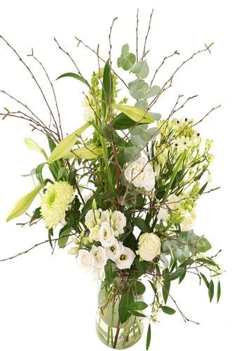 Picked white flower bouquet incl. milk can vase (Medium picked bouquet of white shades in a glass milk can vase)