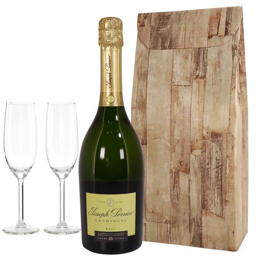 Joseph Perrier Brut in 2 champagne glasses (Joseph Perrier Brut + 2 champagne glasses packed in a luxury wood grain gift box)