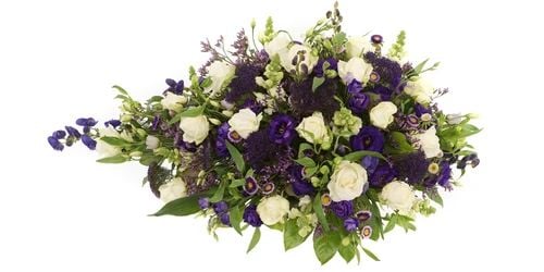 Funeral arrangement 80 - 90 - 100 cm white purple with white roses, among others (White and purple teardrop funeral arrangement with white roses among others approx 80 cm)