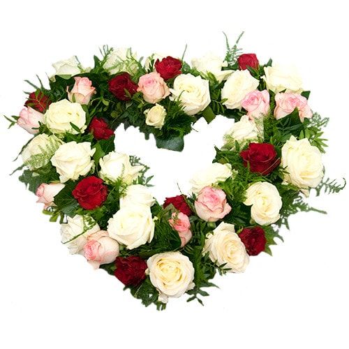 Open mourning heart with three colors of roses
