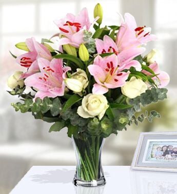 Cheery Bouquet (15 White Roses  And 15 Pink Lilies)