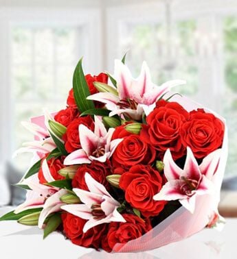 Lilies And Roses (22 Pink Lilies And 15 Red Roses)