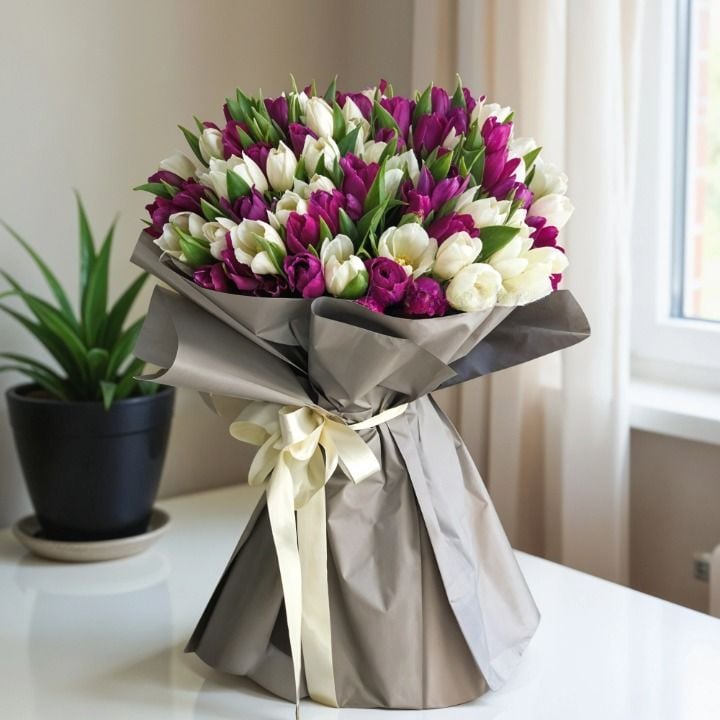 Bouquet of 40 White & 40 Purple Tulips (Classic)