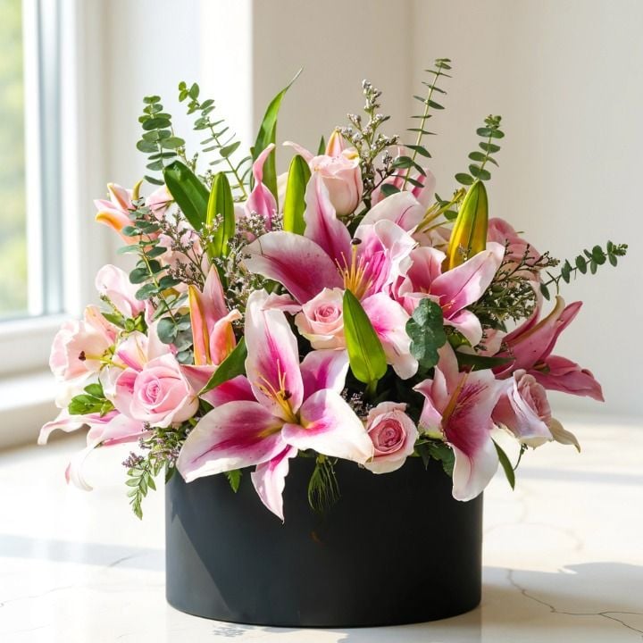 Pink Lilies & Roses in Box (Classic)