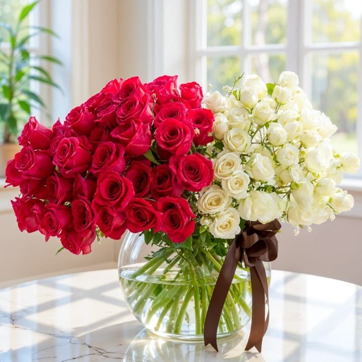 Red & White Spray Roses in Vase (Classic)