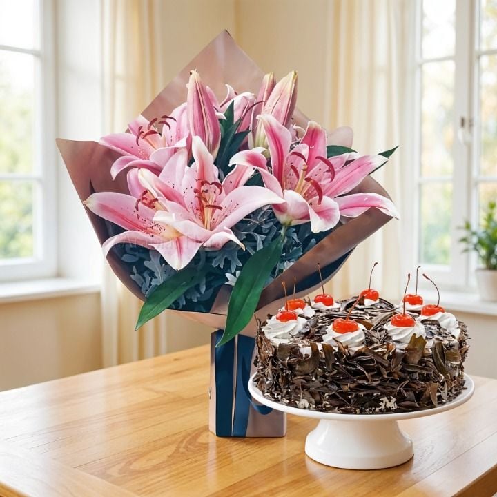 Bouquet Of Pink Lilies with Cake (Classic)