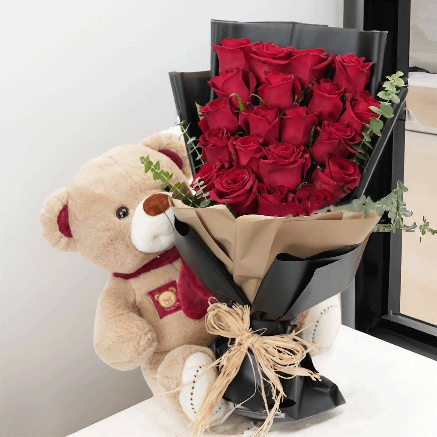 Red Roses Bouquet with Teddy Bear (Classic)