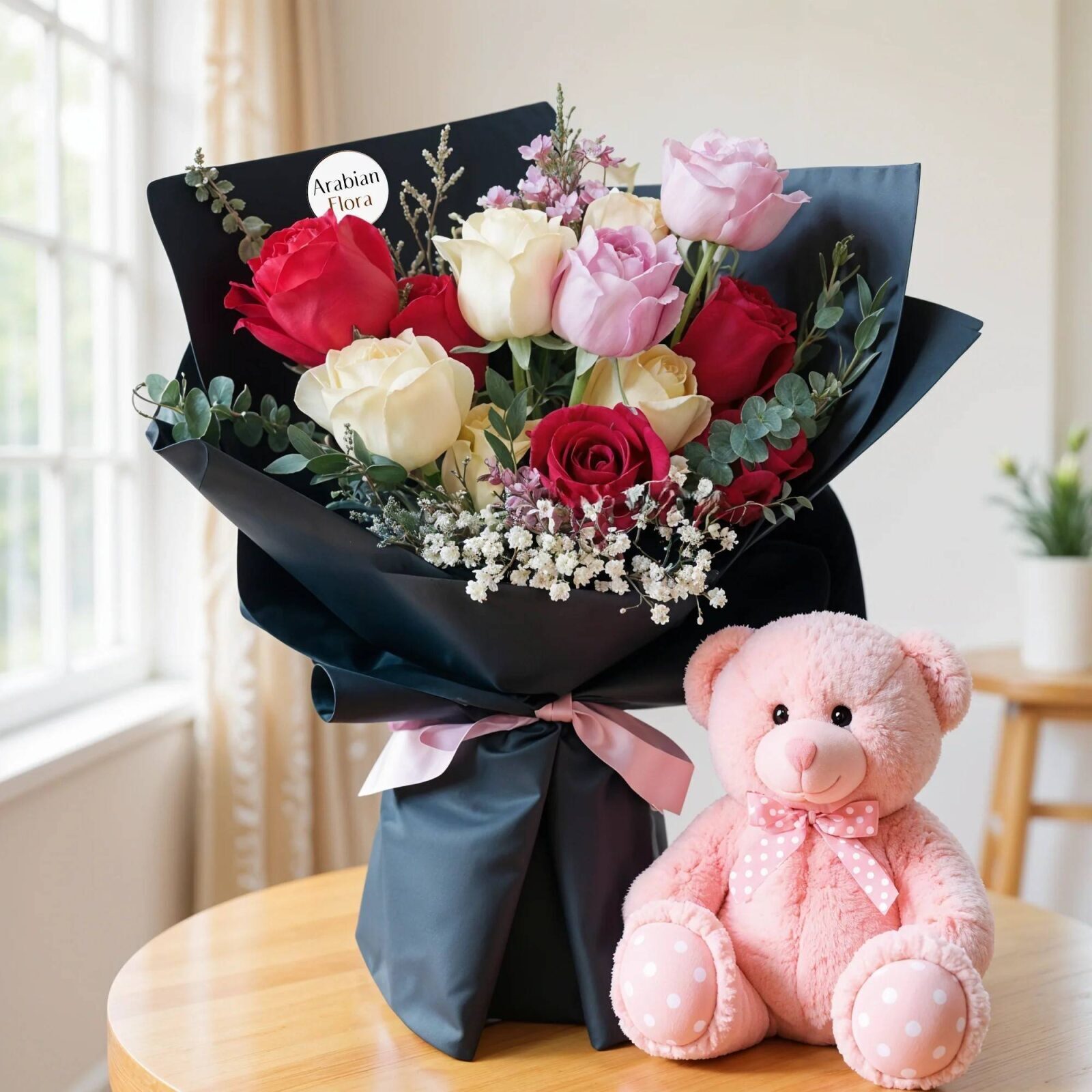 Bouquet of Mixed Roses & Teddy (Classic)