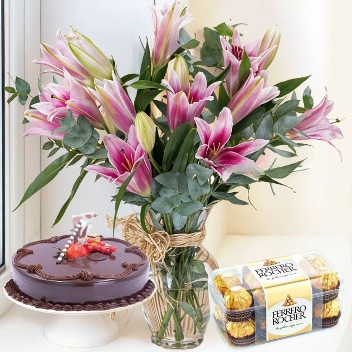 Lilies in a Vase, Cake & Chocolates (Classic)