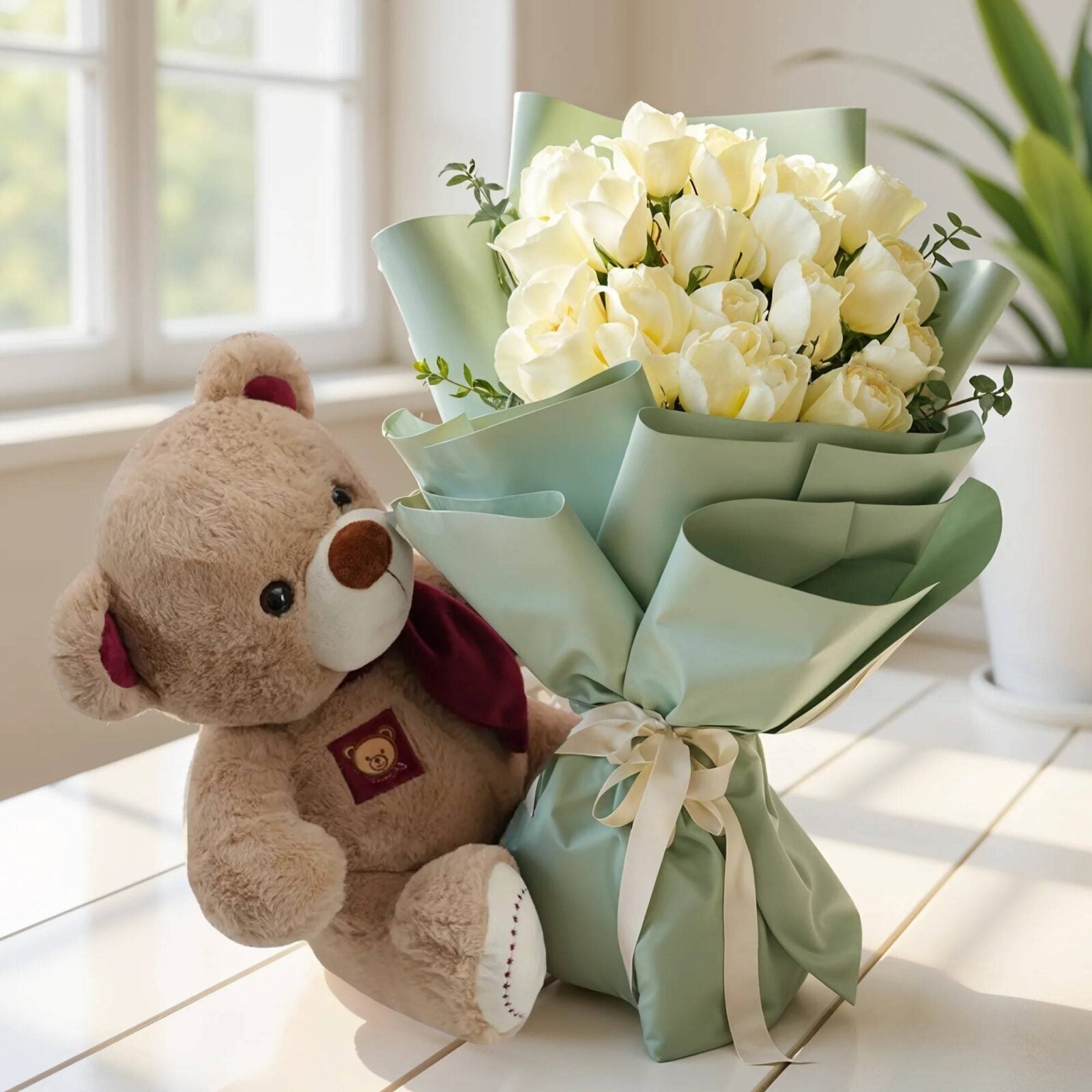 White Roses Bouquet & Teddy (Classic)