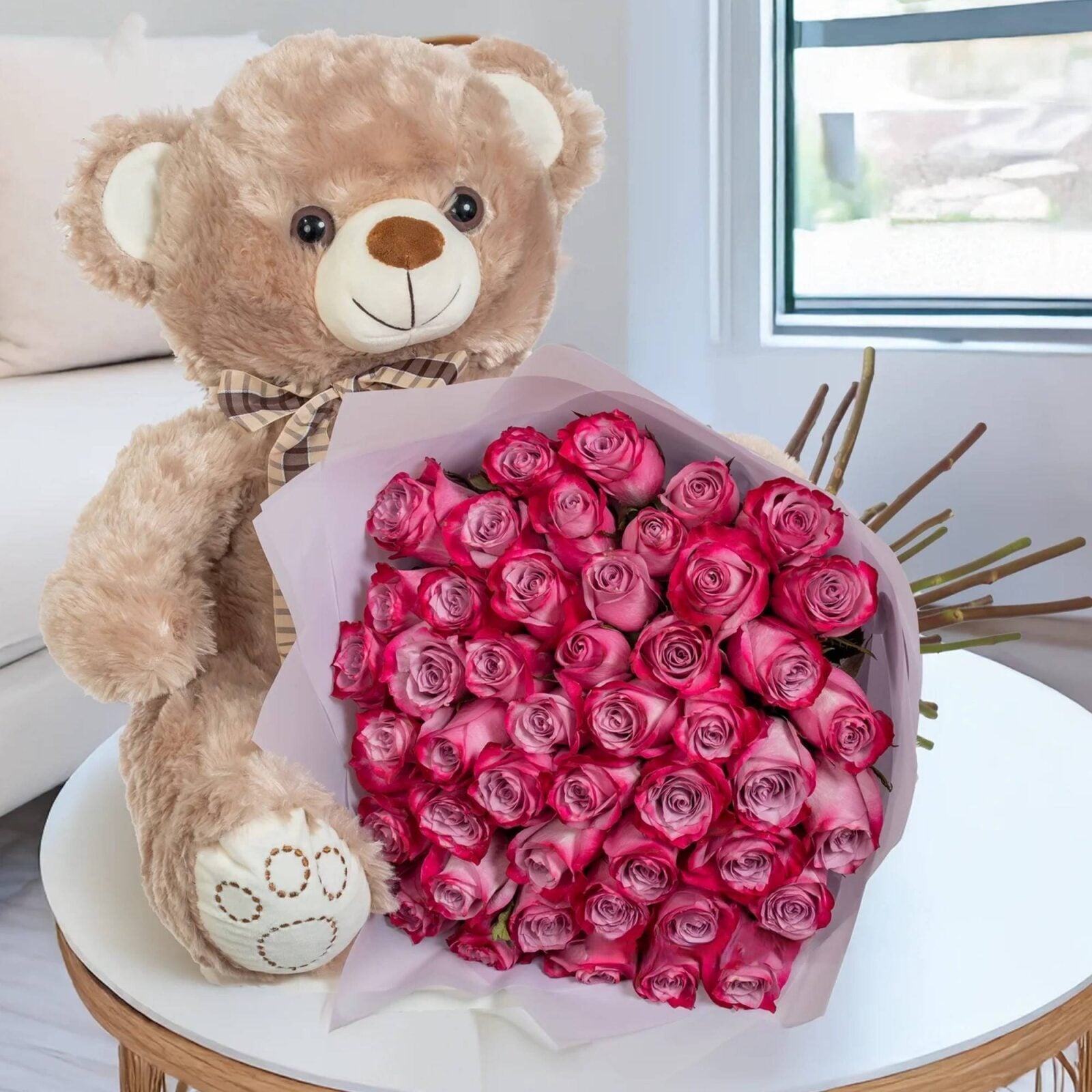 50 Purple Roses & Teddy Bear (Classic)
