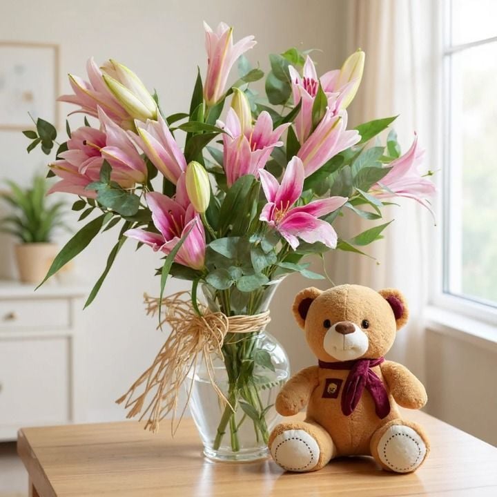 Pink Lilies in Vase with Teddy Bear (Classic)