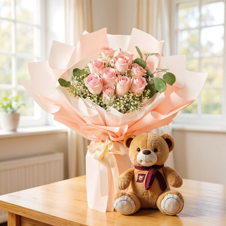 Bouquet of Pink Roses with Teddy Bear (Classic)