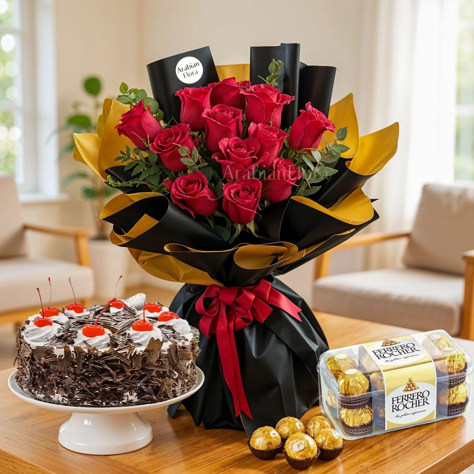Bouquet of Red Roses, Cake & Chocolate (Classic)