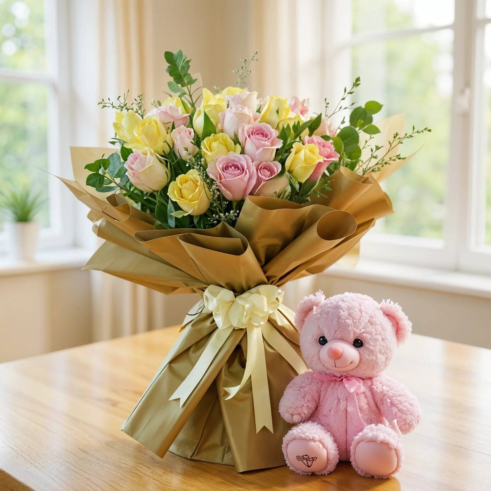 Pink & Peach Roses Bouquet and Teddy Bear (Classic)