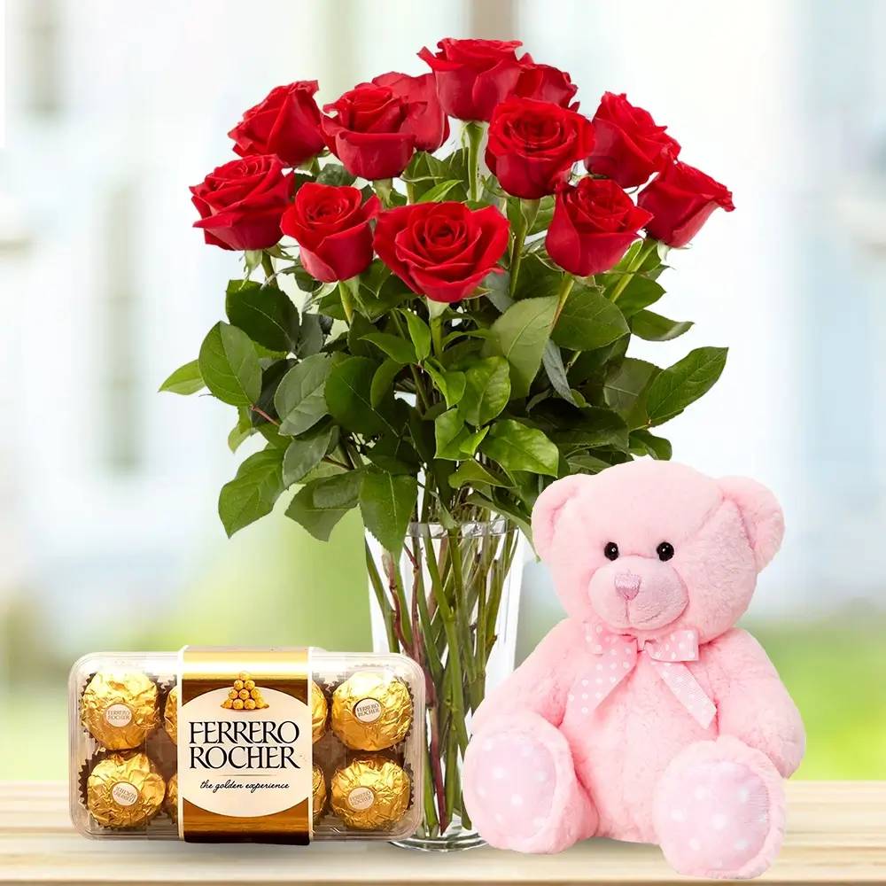 Roses in Vase & Chocolate & Teddy (Classic)