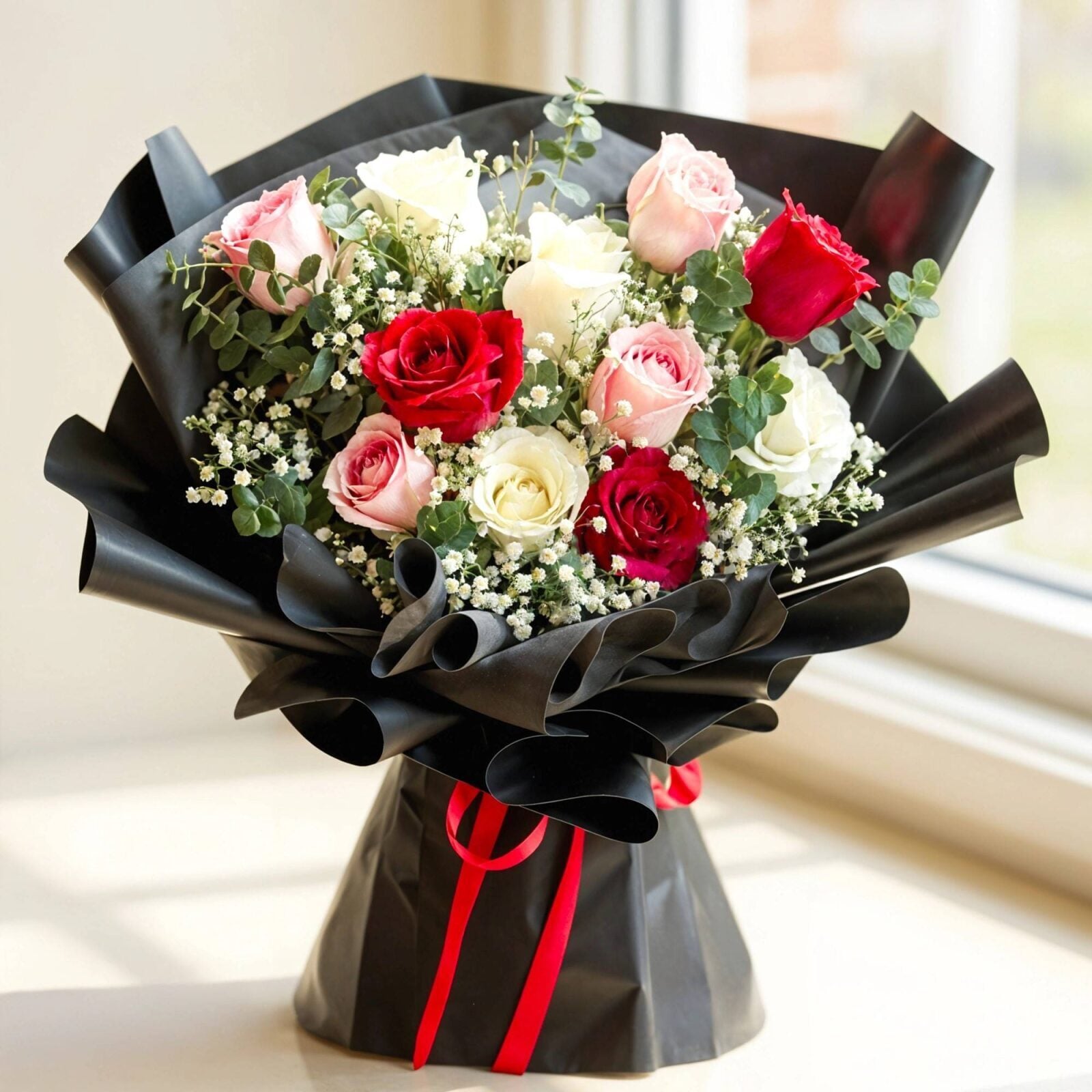 Bouquet of Red, White & Pink Roses (Classic)