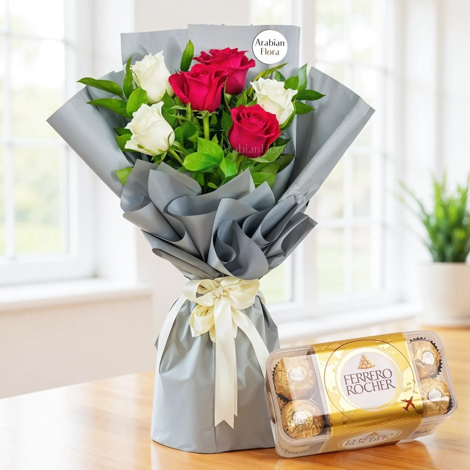 Bouquet of Red & White Roses with Chocolate (Classic)