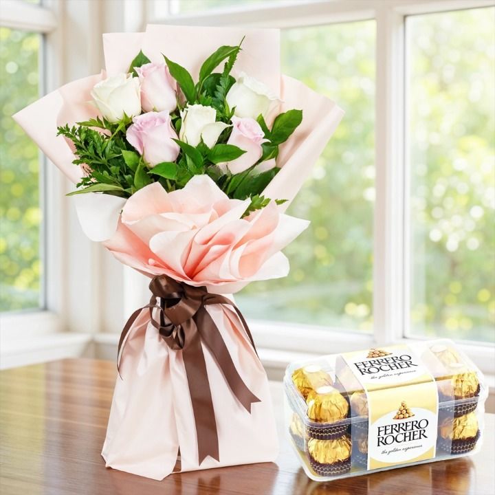 Bouquet of Pink & White Roses with Chocolate (Classic)