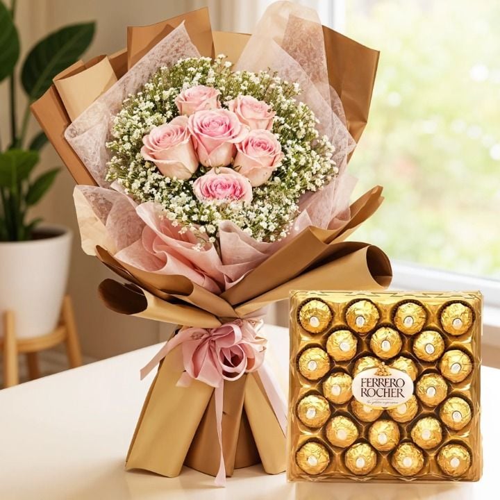 Bouquet of Pink Roses & Chocolate (Classic)