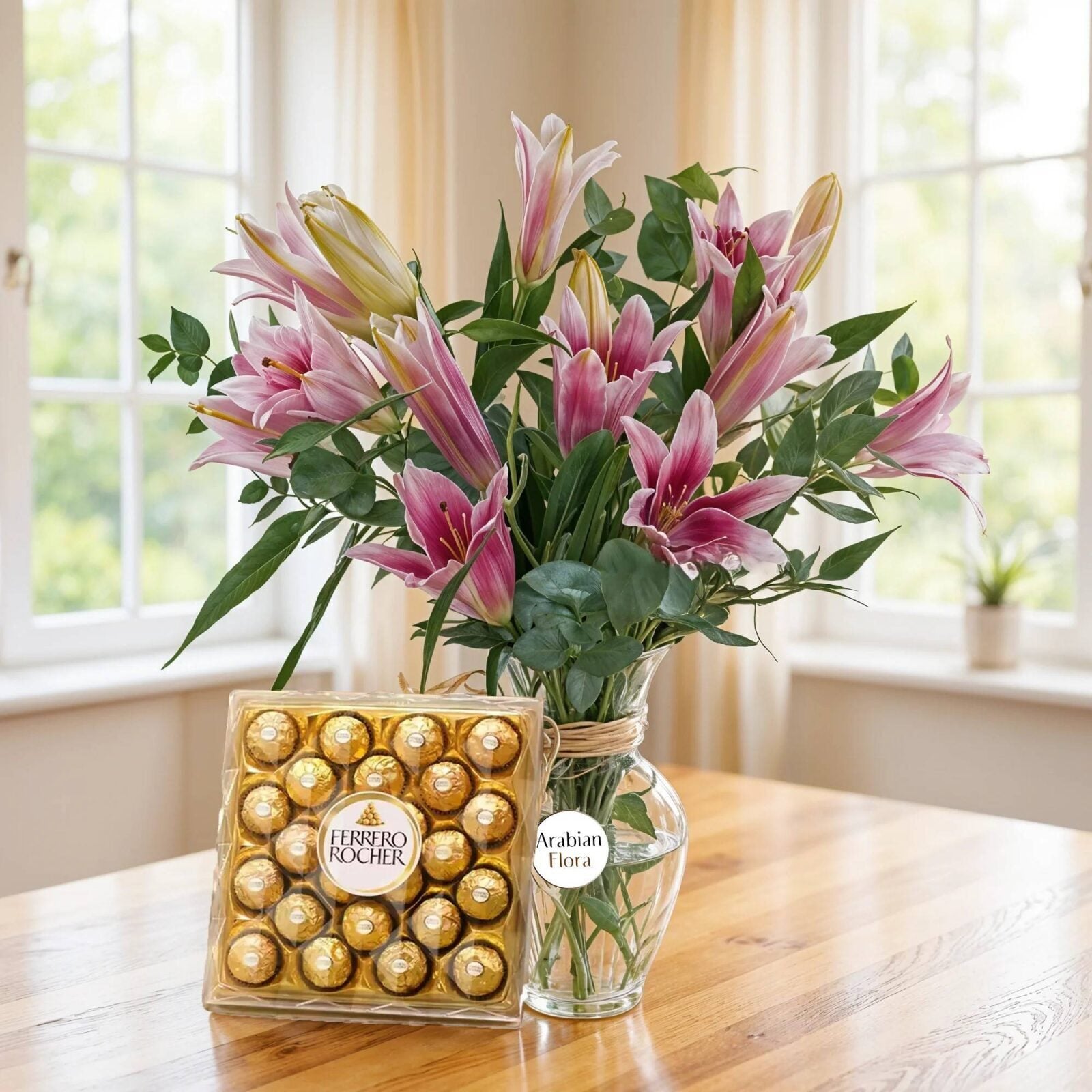 Pink Lilies In Glass Vase & Chocolate (Classic)
