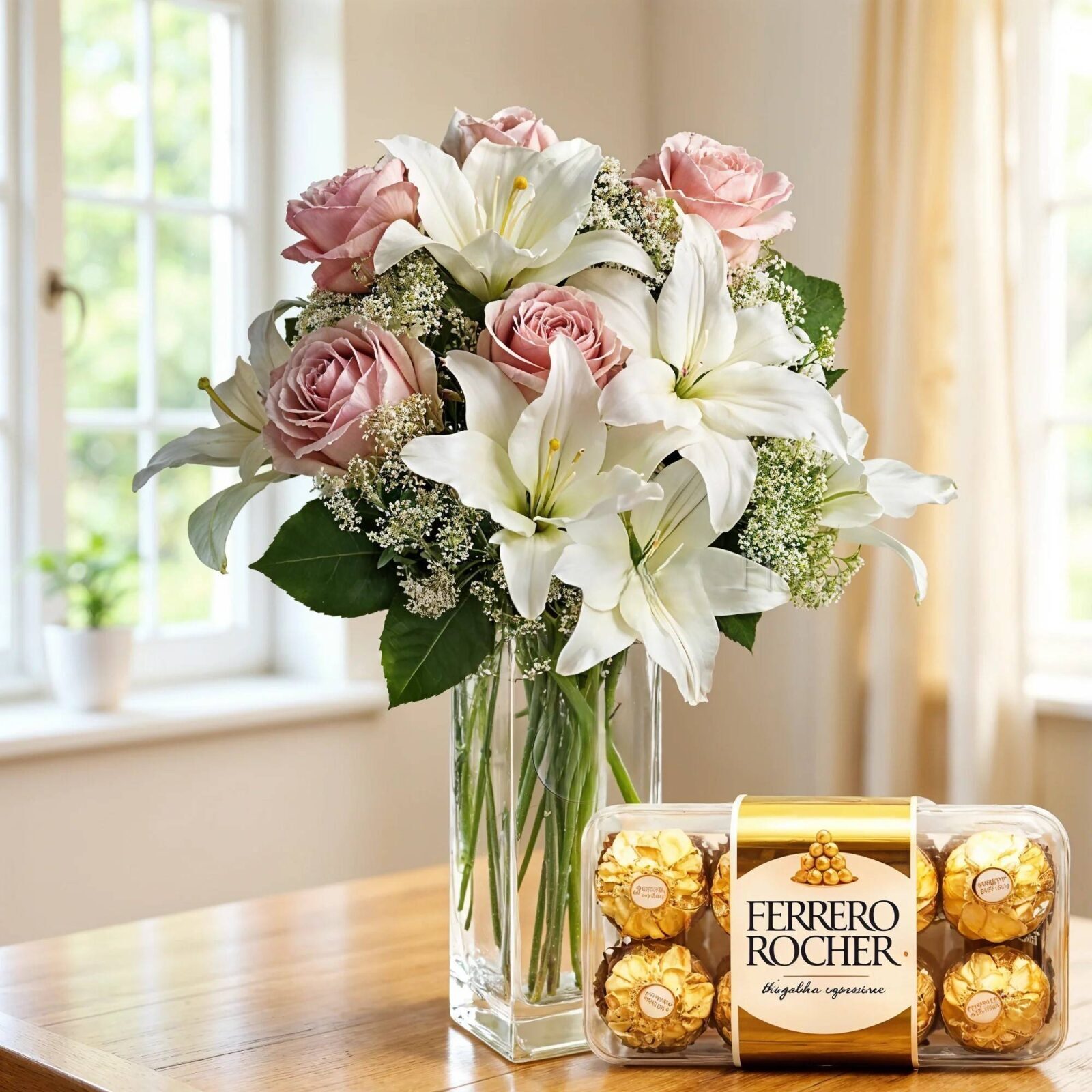 Lilies & Roses in Vase & Chocolate Box (Classic)