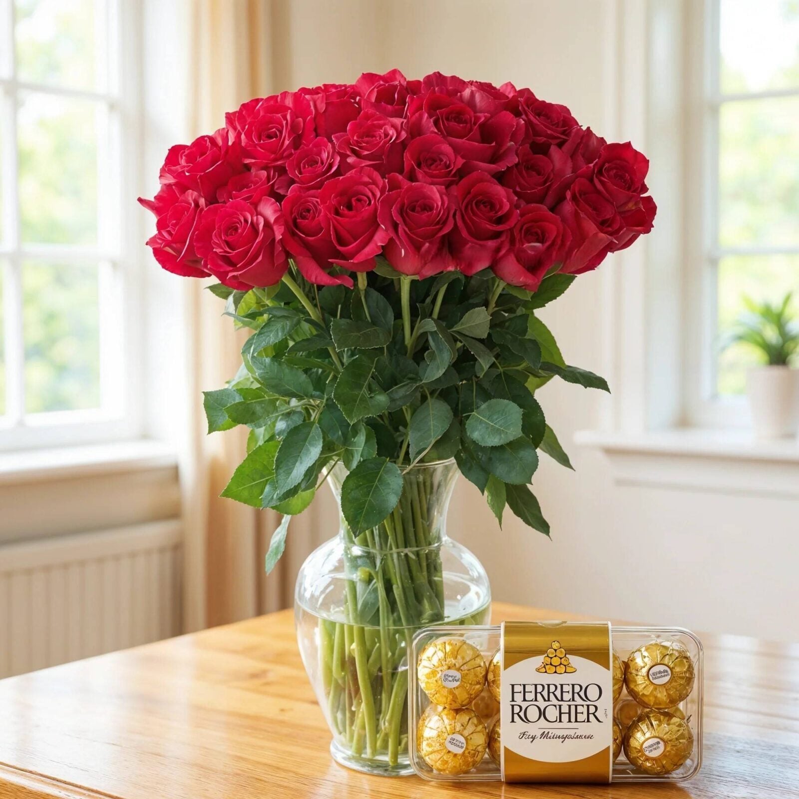 Red Roses in Vase & Ferrero Rocher (Classic)