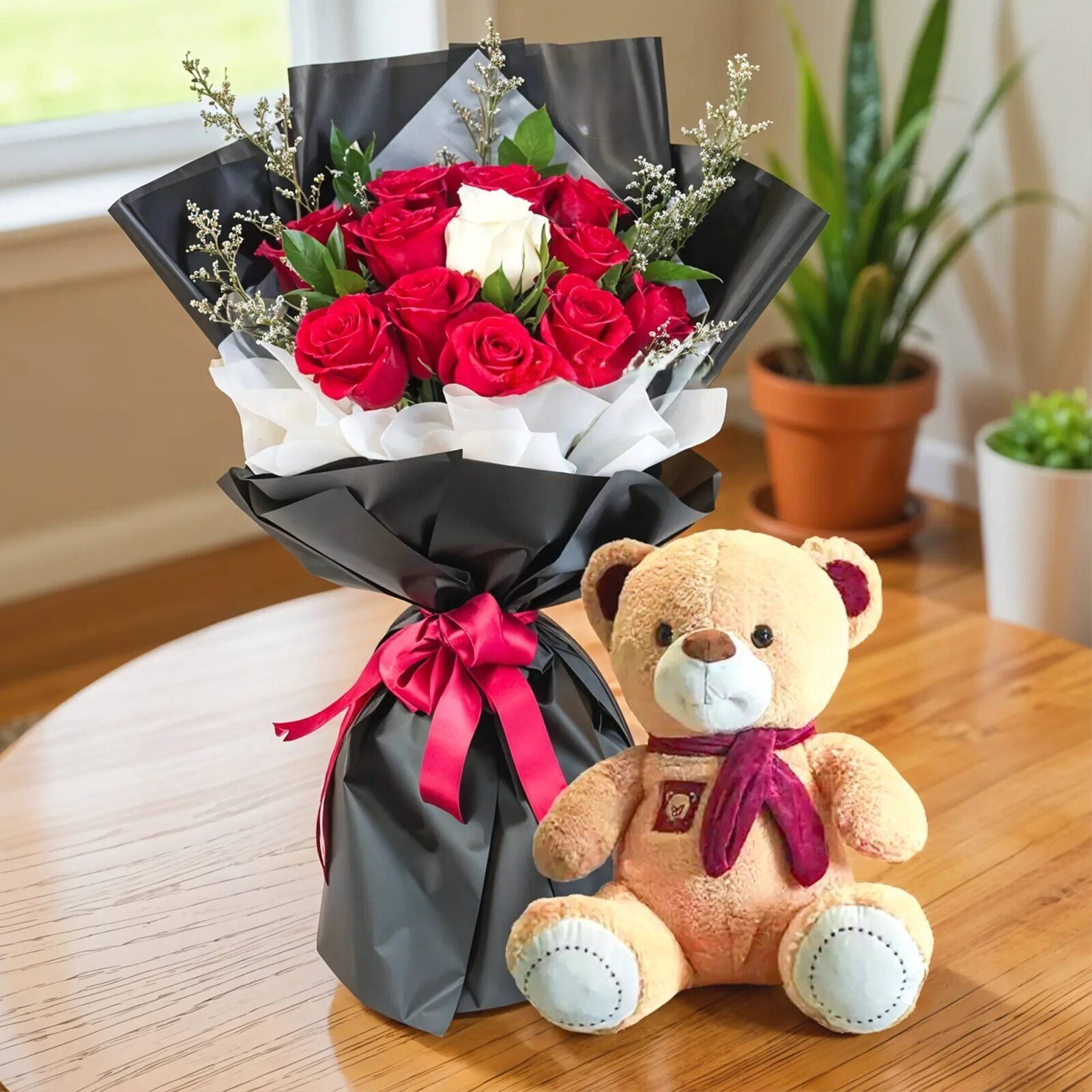 Bouquet of Roses & Teddy Bear (Classic)
