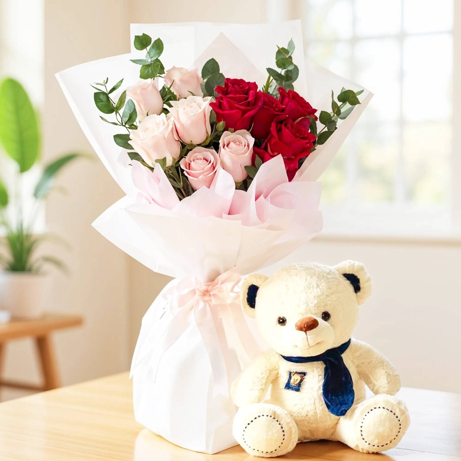 Red & Pink Roses Bouquet with Teddy (Classic)