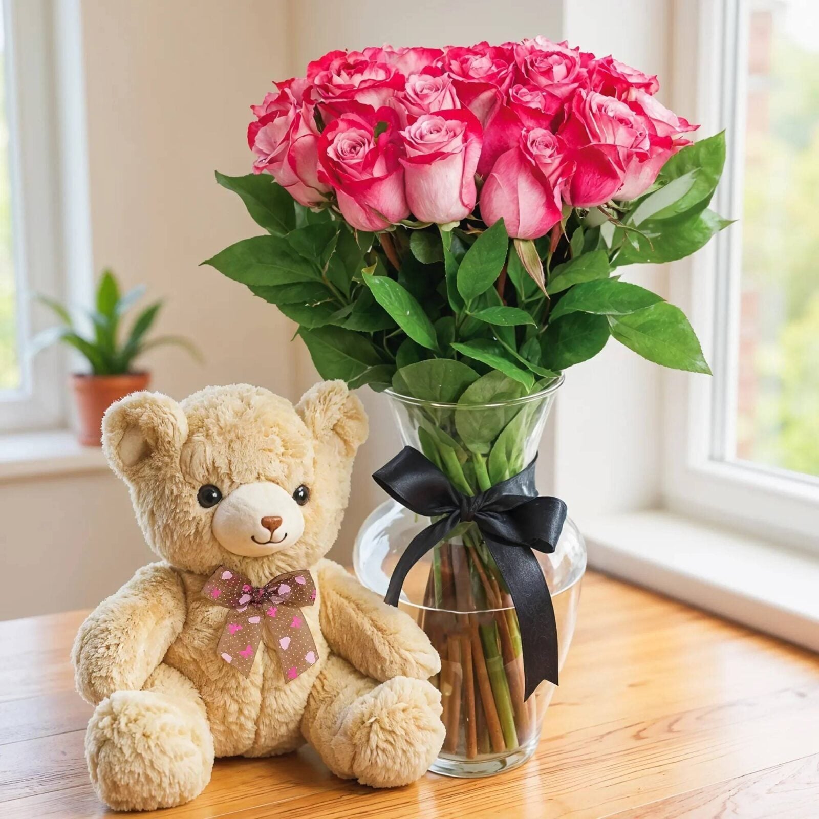 Purple Roses in Vase & Teddy (Classic)