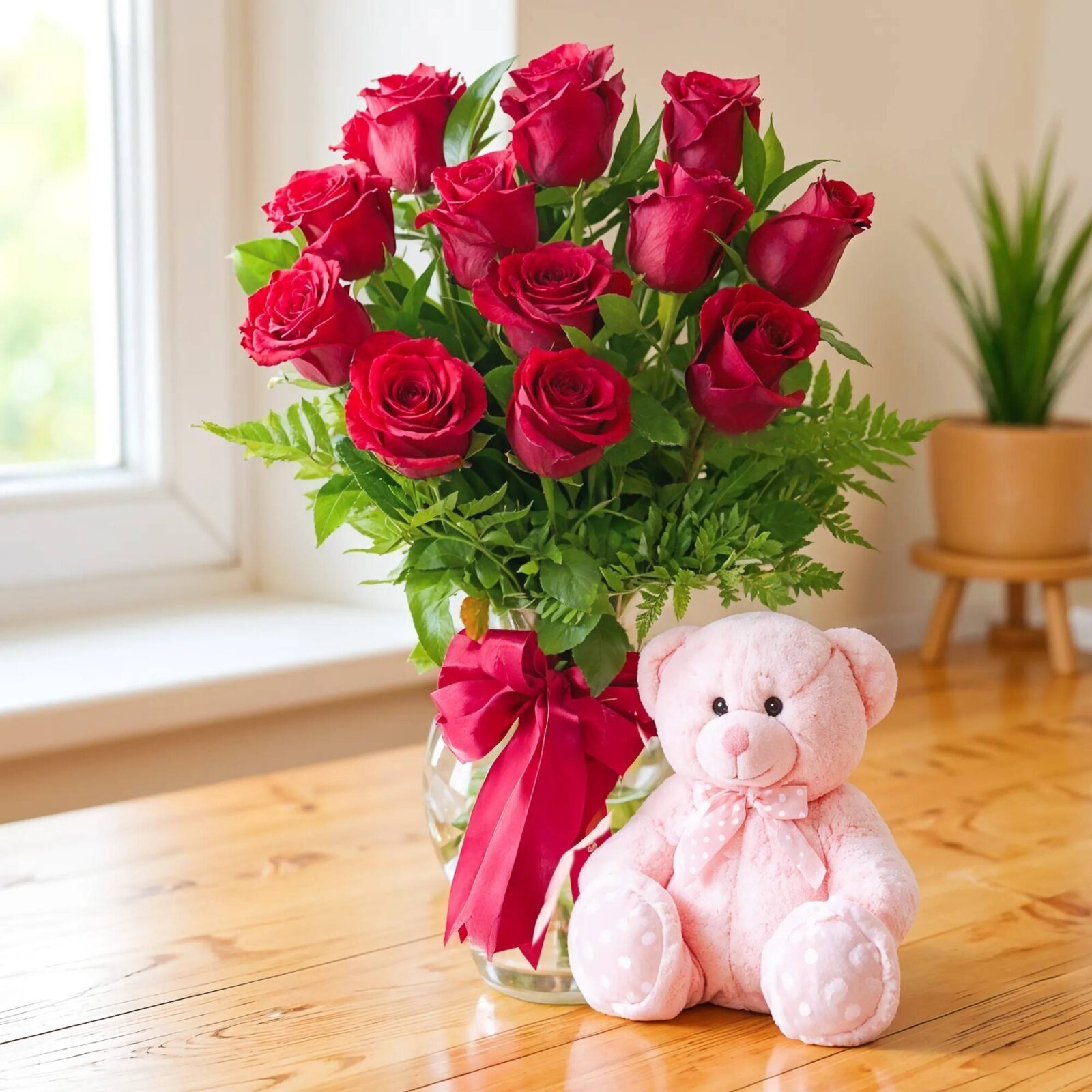 Red Roses in Vase & Teddy Bear (Classic)