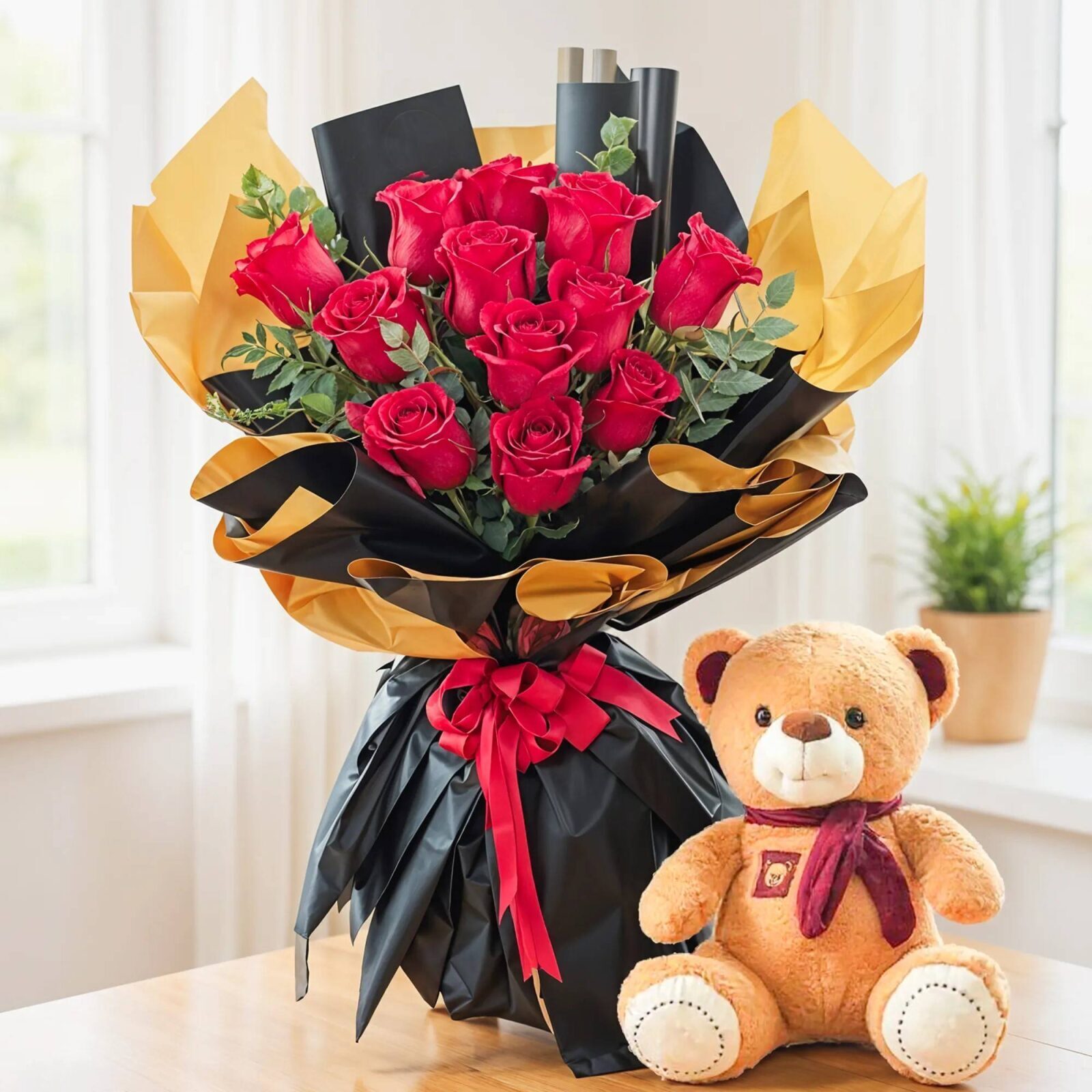 Bouquet of Red Roses & Teddy Bear (Classic)