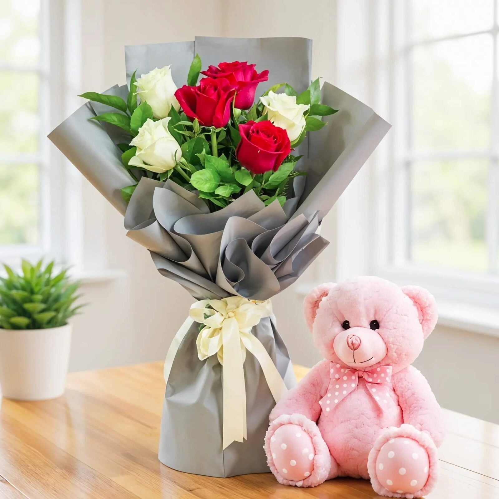 Red & White Roses with Teddy (Classic)