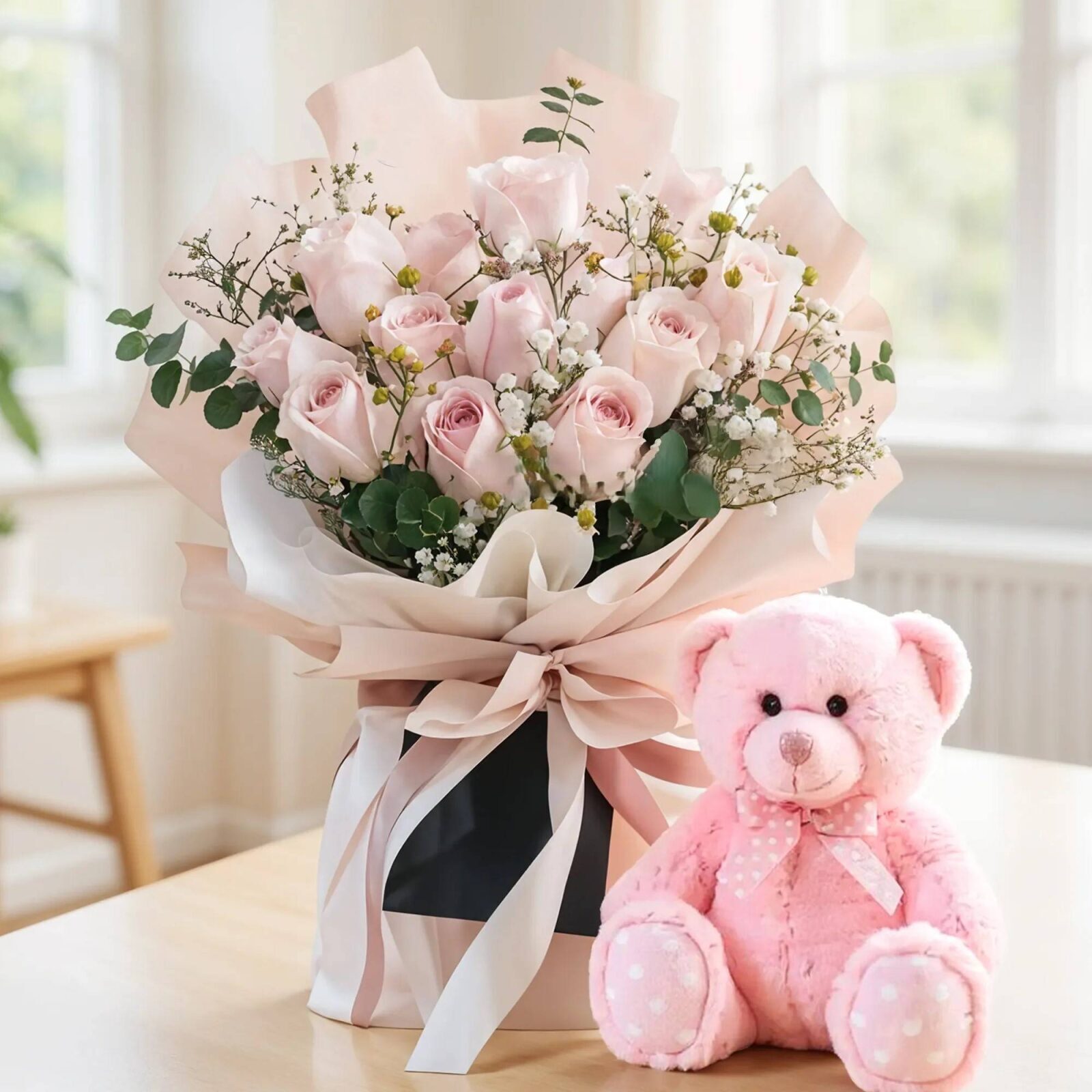 Bouquet of Pink Roses with Teddy (Classic)
