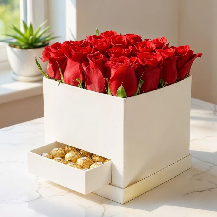 Flowers & Ferrero In White Box